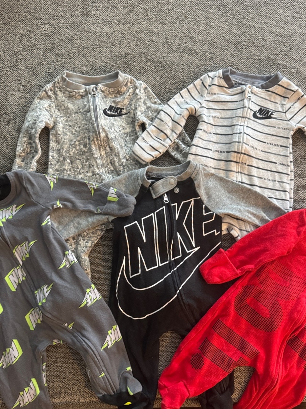 Nike Baby One-Piece Footies in Gray, Black & Red - 5-Pack All Size Newborn